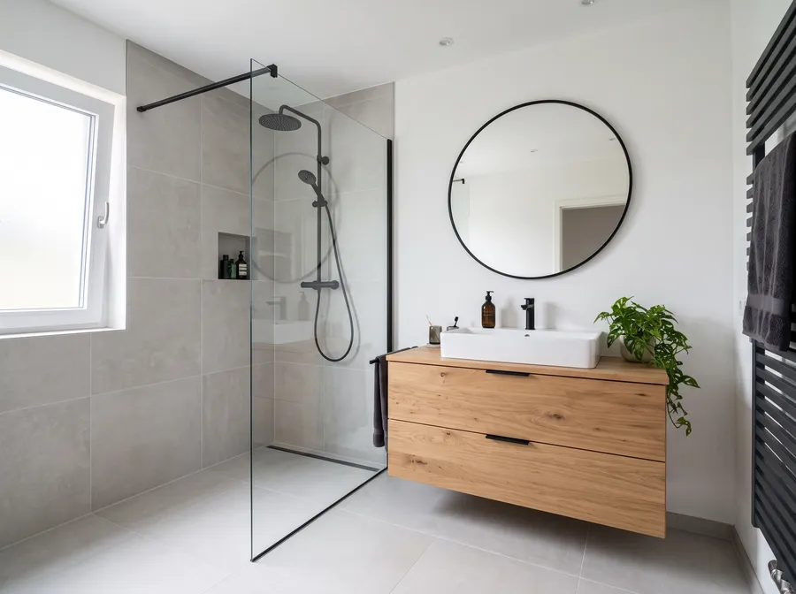 Ein frisch saniertes Bad mit bodengleicher Dusche und Waschtisch aus Holz.