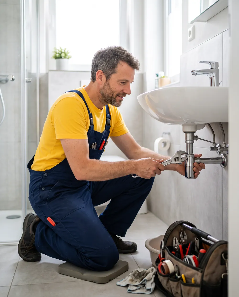 Ein Installateur in blauer Latzhose und gelbem T-Shirt zieht unter einem Waschbecken ein Rohr fest.