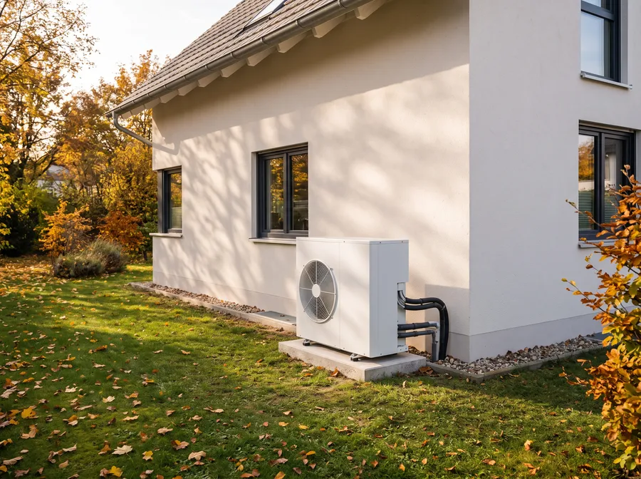 Eine Wärmepumpe steht neben einem hellen Einfamilienhaus.