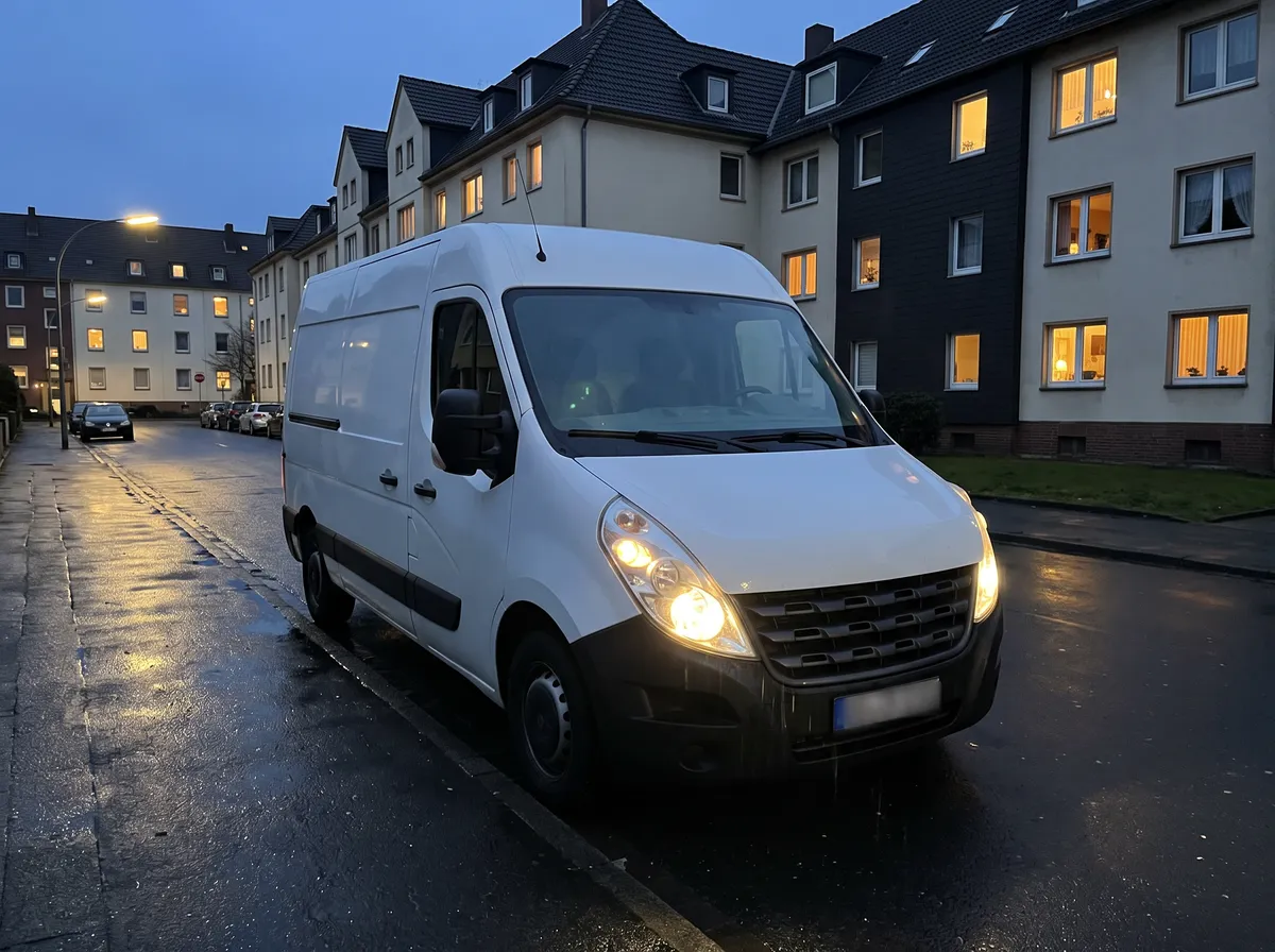 Ein weißer Transporter steht in der Abenddämmerung mit Licht in einer Wohnstraße.
